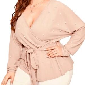 Chic Blush Wrap Blouse with Pearl Details